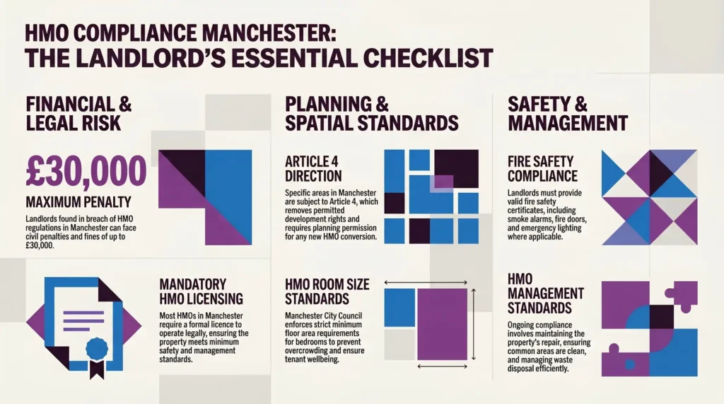 Landlord reviewing HMO compliance checklist document, Manchester residential property exterior, Fire safety compliance certificate, HMO compliance Manchester, HMO regulations landlord, HMO management standards