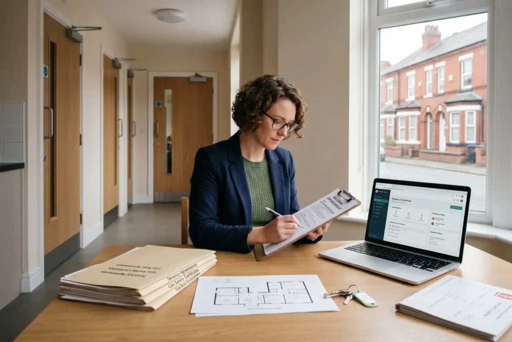 Licensed HMO property on a Manchester residential street, HMO fire door inspection in a Manchester shared house, Manchester city skyline with residential terraced streets in foreground, HMO management Manchester, HMO property management Manchester, Manchester HMO letting agent