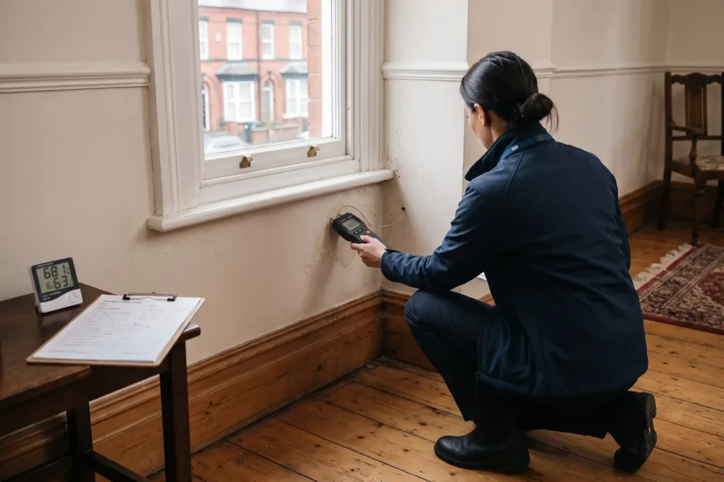 Property manager inspecting damp moisture levels on Victorian brick wall, Awaab's Law damp mould, hazard repair timeframes, decent homes private rental