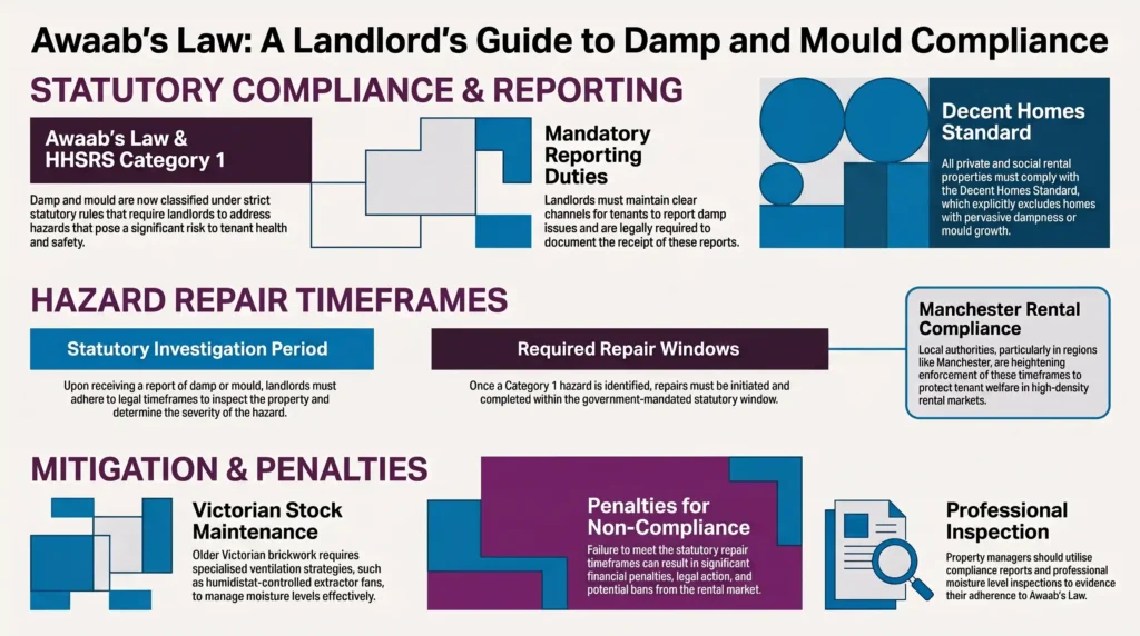 Awaab's Law damp mould, hazard repair timeframes, decent homes private rental, landlord damp obligations, HHSRS Category 1 hazards, Manchester rental compliance, Victorian property ventilation