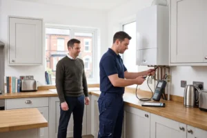 Gas Safe registered engineer performing safety checks on a gas boiler in a Manchester apartment, gas safety certificate landlord, CP12 certificate rental property, annual gas safety check