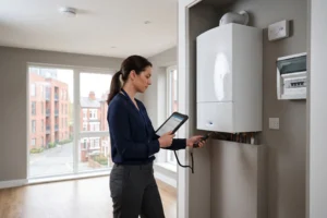 Property inspector completing gas safety check in Manchester apartment, landlord compliance Manchester, rental property compliance 2026, Manchester landlord obligations