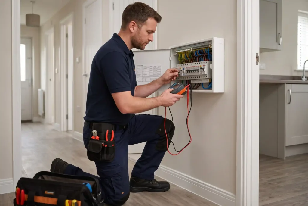 An electrician testing a consumer unit inside a Manchester rental property, landlord compliance Manchester, EICR landlord Manchester, electrical installation condition report, five year electrical inspection