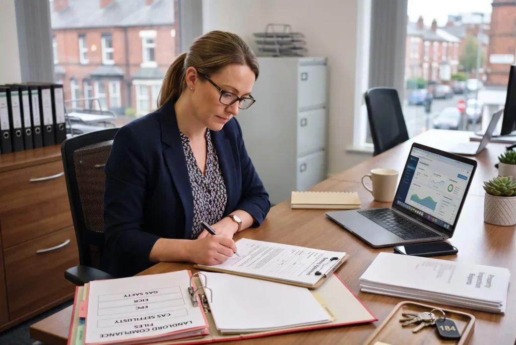 Letting agent reviewing compliance documentation and tenancy agreements at a desk, full property management services for landlords, landlords in Manchester, what does full property management include