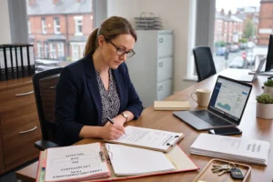 Letting agent reviewing compliance documentation and tenancy agreements at a desk, full property management services for landlords, landlords in Manchester, what does full property management include