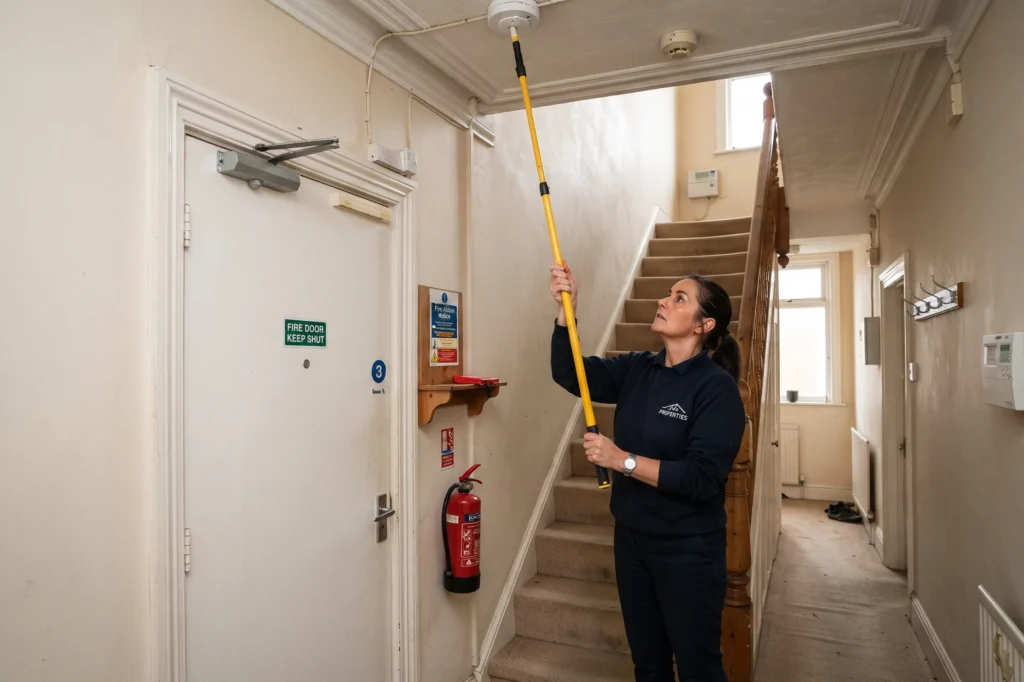 Property manager checking fire alarm system in Manchester HMO property, HMO property management services, landlords in Manchester, HMO landlord responsibilities
