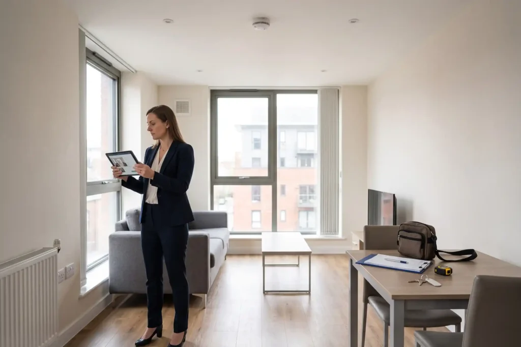 Manchester property manager conducting a digital room inspection for a compliance record, landlord services in Manchester, fully managed lettings, landlord property management services