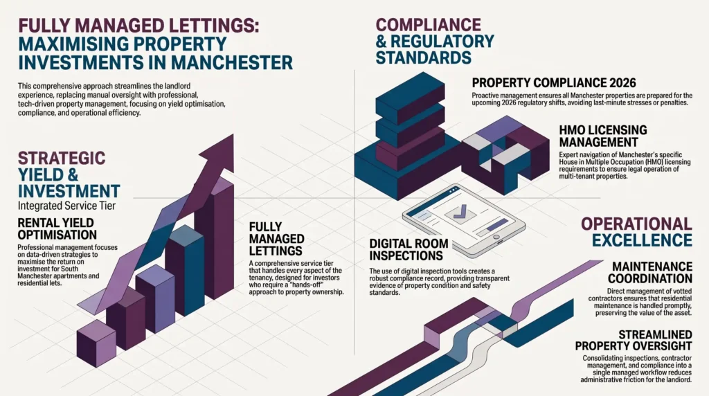 landlord services in Manchester, fully managed lettings, landlord property management services, Manchester rental market, property compliance 2026, HMO licensing Manchester, rental yield optimisation