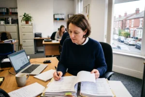 Letting agent checking a tenancy compliance file at an office desk, professional property management, first time landlords, landlords in Manchester