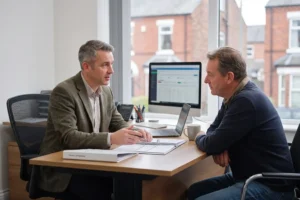 Manchester letting agent discussing tenancy compliance with local landlord in office, Manchester property management services, landlords in Manchester, letting agents near me for landlords