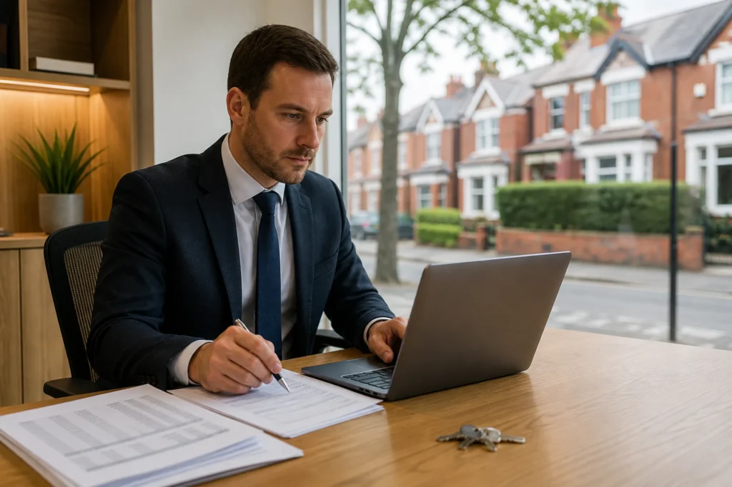 Property manager auditing digital tenancy records on a laptop in a South Manchester office, property portfolio management, multi property landlords in Manchester, managing multiple rental properties