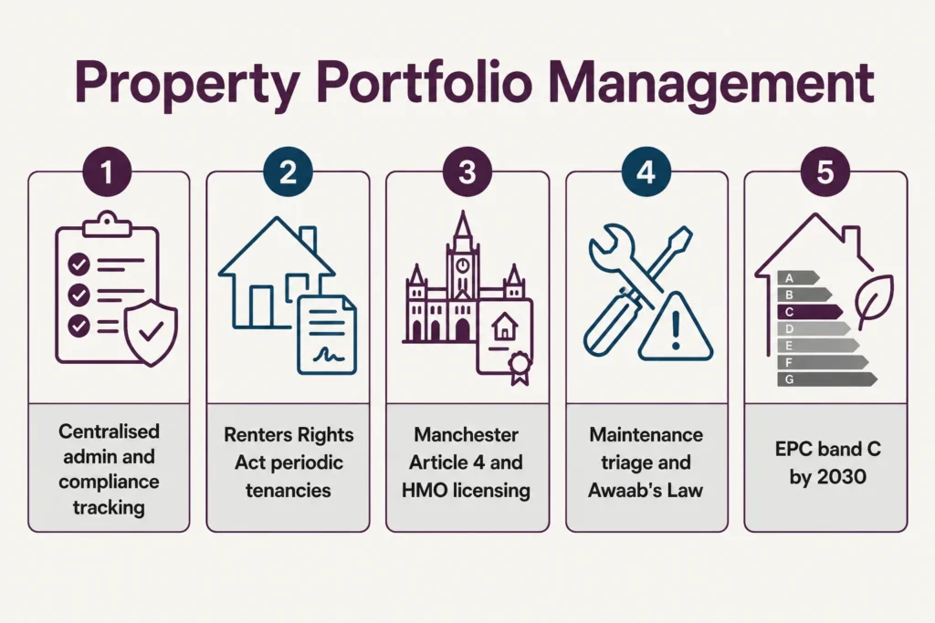 property portfolio management, multi property landlords in Manchester, managing multiple rental properties, Manchester landlord compliance, HMO licensing Manchester, EPC C 2030, Making Tax Digital landlords, South Manchester lettings