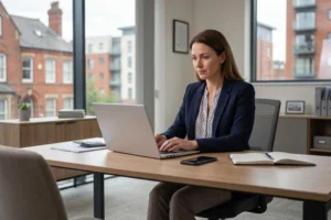 A property manager logging rental payment records on a laptop in a Manchester office, rent collection services for landlords, landlords in Manchester, property management