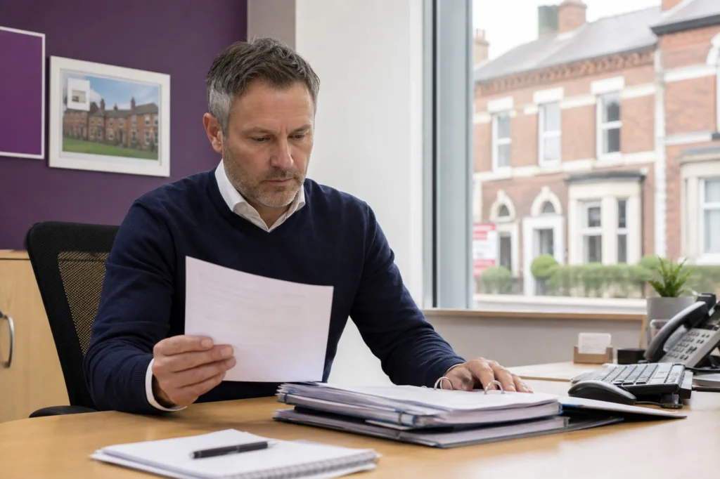 Property manager reviewing tenancy compliance paperwork at a desk in Manchester, residential property management Manchester, Manchester rental property management, managed lettings Manchester