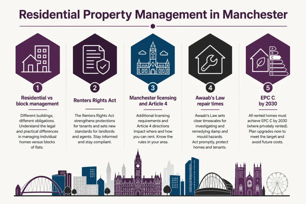 residential property management Manchester, Manchester rental property management, managed lettings Manchester, buy to let compliance Manchester, HMO licensing Manchester, Renters Rights Act Manchester, landlord services Manchester