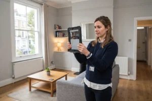 Property manager carrying out a digital inventory inspection in a modern UK apartment, property management for overseas landlords, rental property, full management services