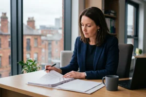 Professional property manager reviewing tenancy compliance documents in Manchester office, ARLA property management, regulated letting agent, client money protection and redress