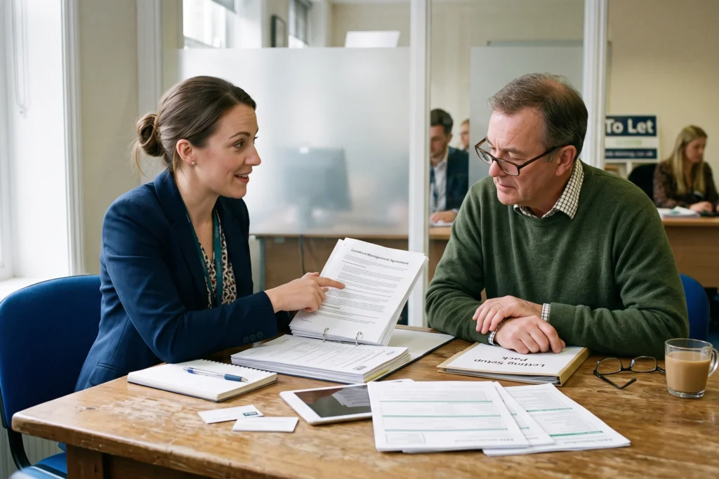 A property manager presenting letting setup documentation to a new landlord, new landlord services, letting setup guidance, compliance startup help