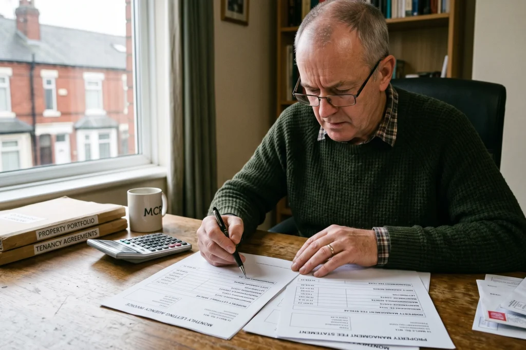 Manchester landlord reviewing monthly letting agency invoice and property management fee statement, Manchester property management fees, letting management fees, property management fees manchester percentage