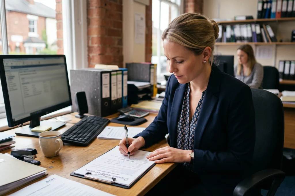 Landlord signing deposit protection paperwork at a desk, deposit protection for landlords, tenancy deposit scheme, deposit dispute resolution