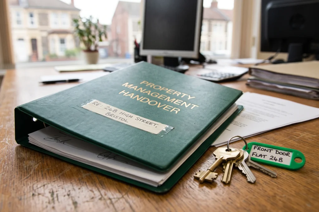 Property management handover document folder resting on a desk with keys, switch property management company landlord, landlords in Manchester, how to switch letting agents as a landlord