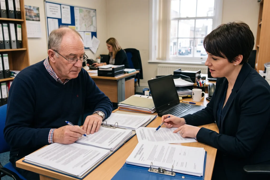 Landlord reviewing lettings agency agreement and compliance paperwork in office, how to choose a property management company for landlords, landlords in Manchester, questions to ask a property management company