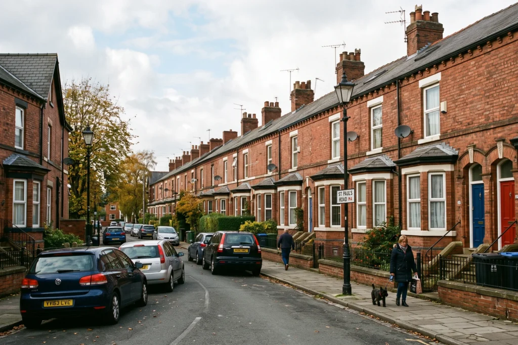 Residential property street scene in South Manchester showing Victorian rental terraced houses, portfolio landlord Manchester, multiple property management, landlord portfolio growth