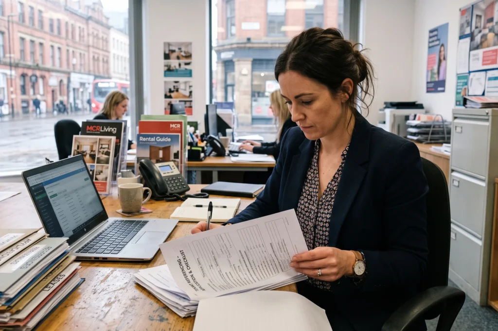 Manchester letting agent reviewing prospective tenant referencing paperwork at a desk, tenant find service, tenant find Manchester, tenant find service manchester for landlords