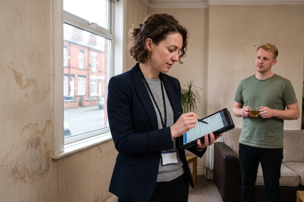 Manchester letting agent conducting a rental property inspection with digital tablet; Landlord reviewing tenant reference reports and tenancy agreements at desk; Modern apartment interior in South Manchester prepared for tenant viewing, tenant finder service, tenant find services, tenant finder service south manchester