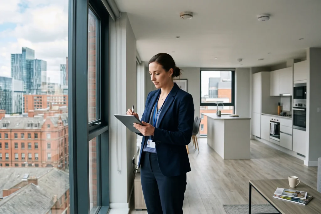 Letting agent inspecting a modern Manchester apartment for tenancy compliance, fully managed lettings Manchester, full management fees, fully managed lettings manchester inclusions