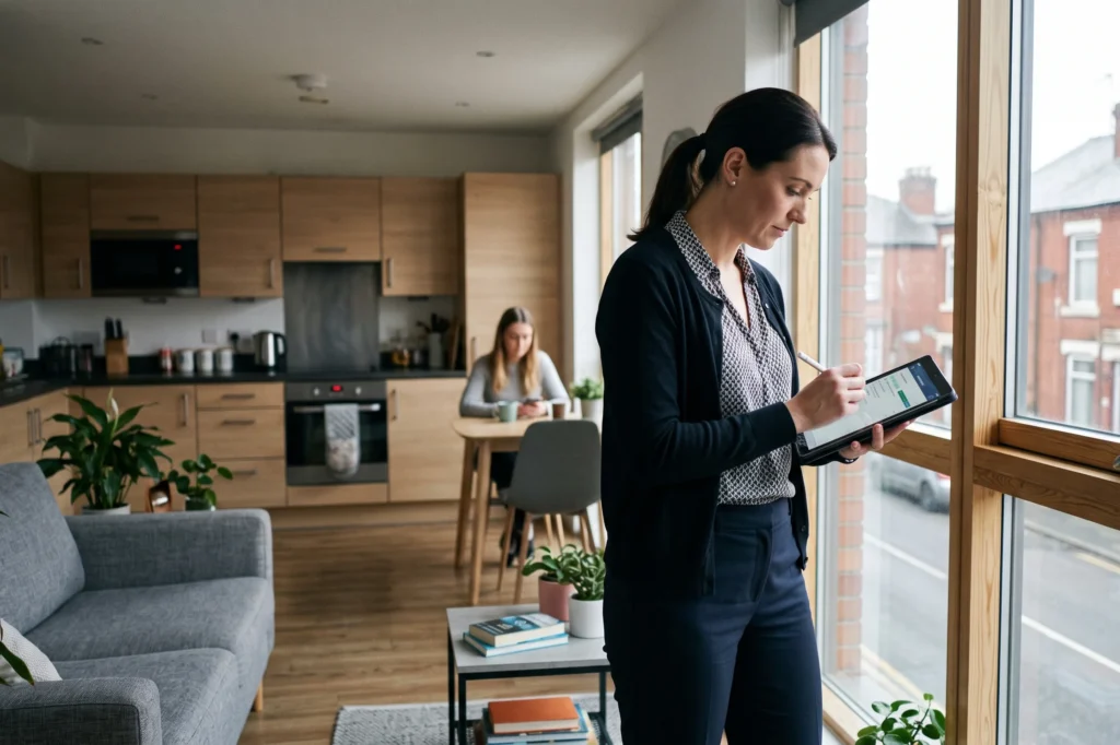 Letting agent conducting periodic property inspection in Manchester flat, property management for Manchester landlords, fully managed lettings, property management for Manchester landlords with one to twenty properties