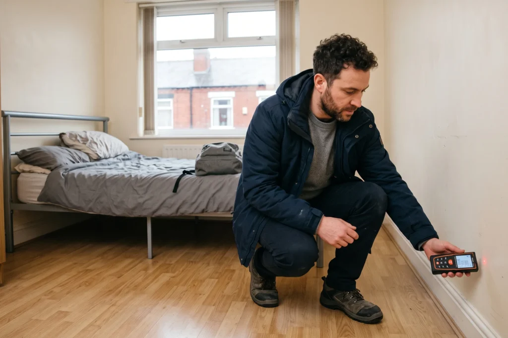 Manchester property manager measuring bedroom floorspace with a digital laser meter; certified electrical engineer inspecting a Grade D fire alarm panel in a shared house; local housing officer checking property compliance paperwork inside a residential office, HMO compliance services Manchester, outsourced HMO compliance, hmo compliance services manchester for landlords