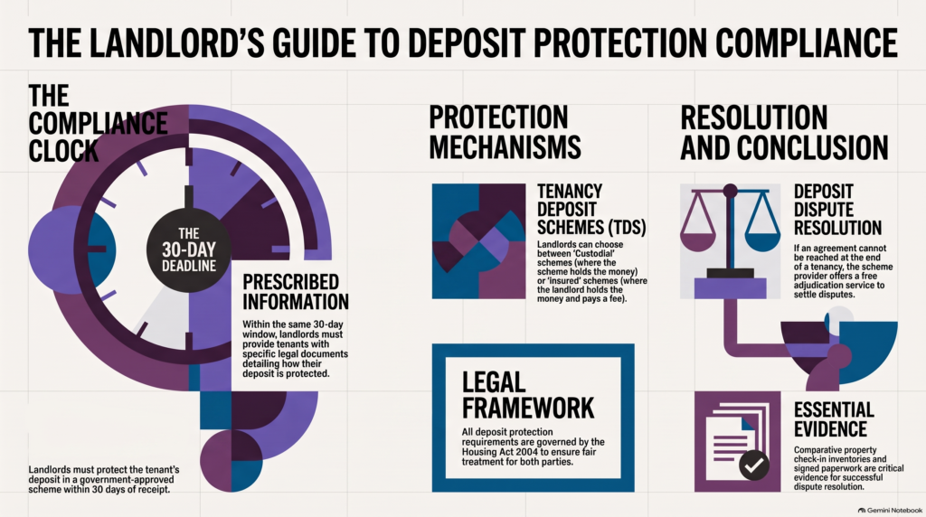 deposit protection for landlords, tenancy deposit scheme, deposit dispute resolution, prescribed information, Housing Act 2004, landlord compliance, inventory evidence, UK letting law