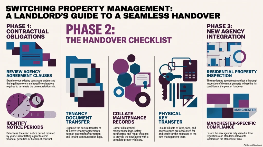switch property management company landlord, landlords in Manchester, how to switch letting agents as a landlord, changing property management, letting agent handover checklist, tenancy document transfer, agency notice period