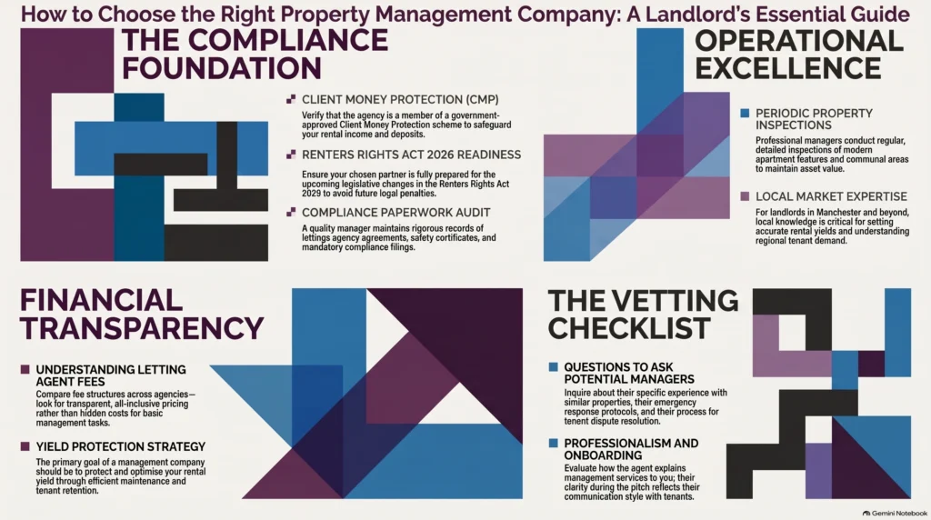 how to choose a property management company for landlords, landlords in Manchester, questions to ask a property management company, property management checklist, letting agent fees UK, Renters Rights Act 2026, client money protection