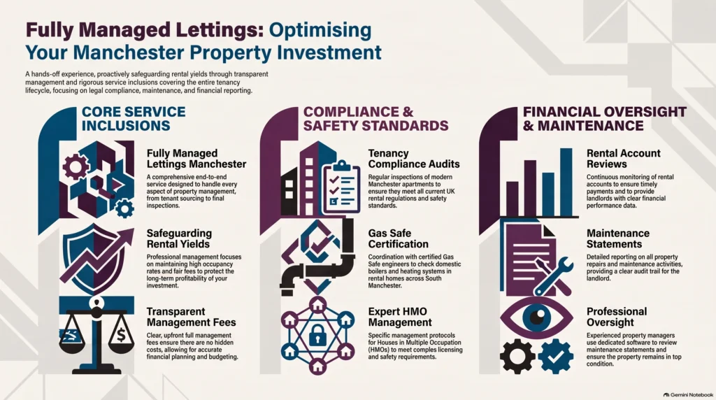 fully managed lettings Manchester, full management fees, property management Manchester, fully managed lettings manchester inclusions, Manchester landlord compliance, HMO management Manchester, buy to let Manchester