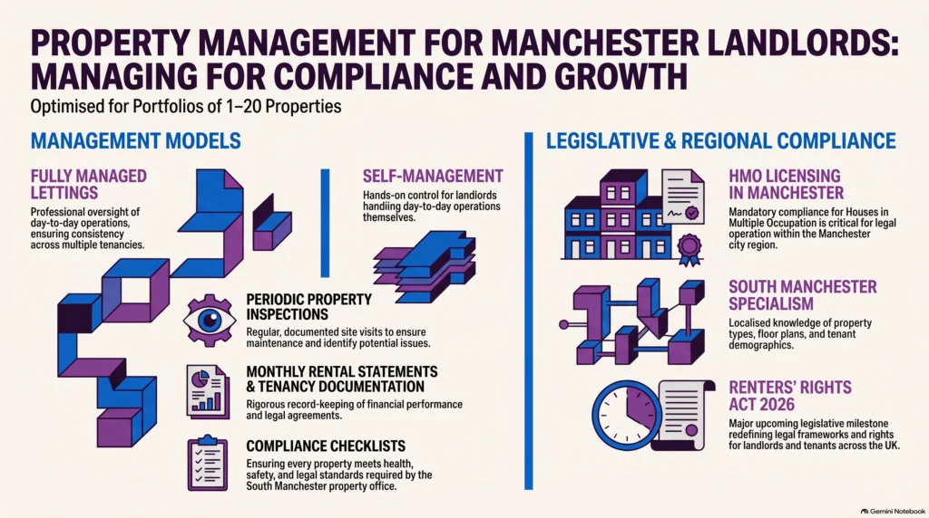 property management for Manchester landlords, fully managed lettings, property management for Manchester landlords with one to twenty properties, Manchester buy-to-let, HMO licensing Manchester, Renters Rights Act 2026, South Manchester letting agent