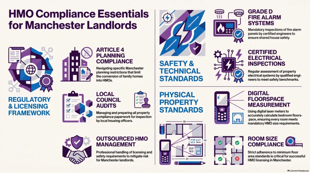 HMO compliance services Manchester, outsourced HMO compliance, Manchester HMO licensing, HMO fire safety Manchester, HMO management South Manchester, private rented sector compliance, HMO room sizes Manchester, Article 4 Manchester