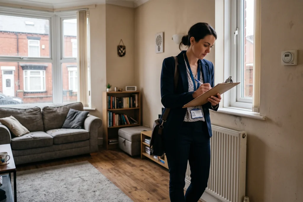 Property manager conducting routine inspection of rental property, full management letting service, complete rental solutions, full management letting service including arrears chasing and two inspections yearly