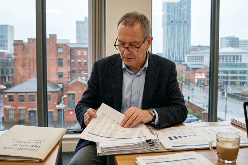 Landlord reviewing Manchester property portfolio valuation documents, landlord exit strategy Manchester, sell buy to let Manchester, landlord exit strategy when regulation increases