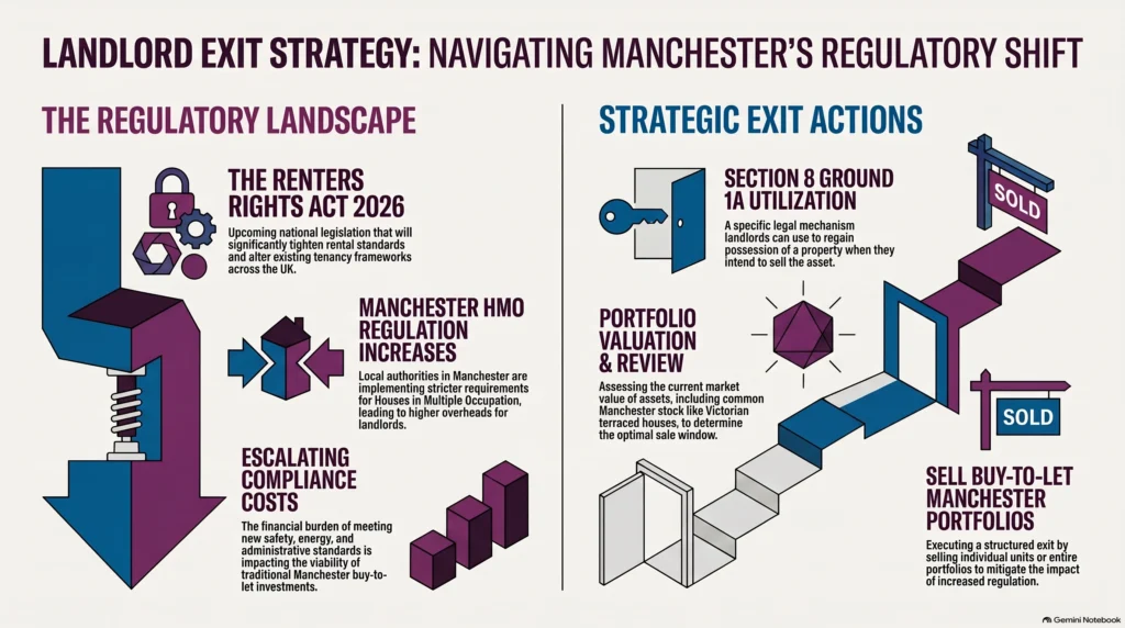 landlord exit strategy Manchester, sell buy to let Manchester, property portfolio sale, Renters Rights Act 2025, Manchester buy to let, HMO regulations Manchester, Section 8 Ground 1A