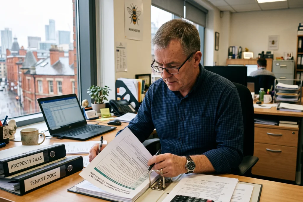 Manchester landlord reviewing property management compliance document at office desk, letting and property management, lettings and management, letting and property management under one ARLA-regulated Manchester agency