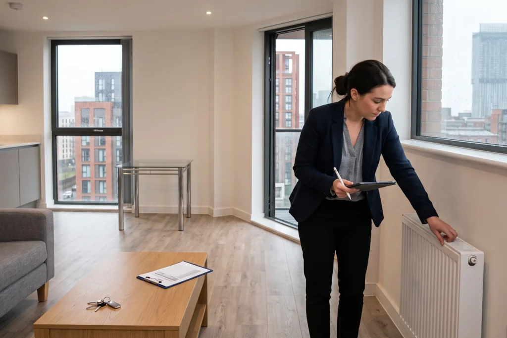 Professional letting agent conducting an inventory inspection in a modern Manchester apartment, property management for landlords, fully managed lettings, property management for landlords with one to twenty Manchester rentals