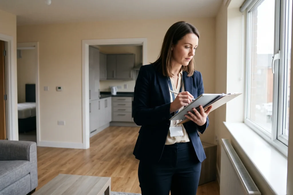 Manchester letting agent inspecting a residential property interior with a digital tablet, property management services, fully managed lettings, property management services covering tenant find rent collection and compliance