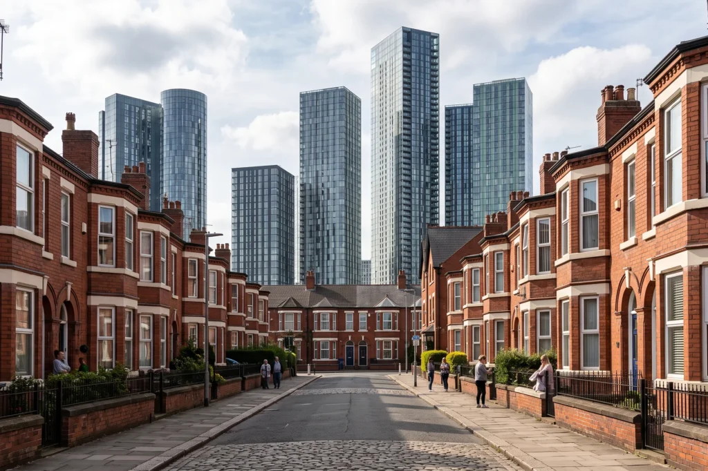 A modern high-rise apartment building and Victorian terrace street in South Manchester, residential property management, managed lettings Manchester, residential property management for houses flats and HMOs not commercial offices