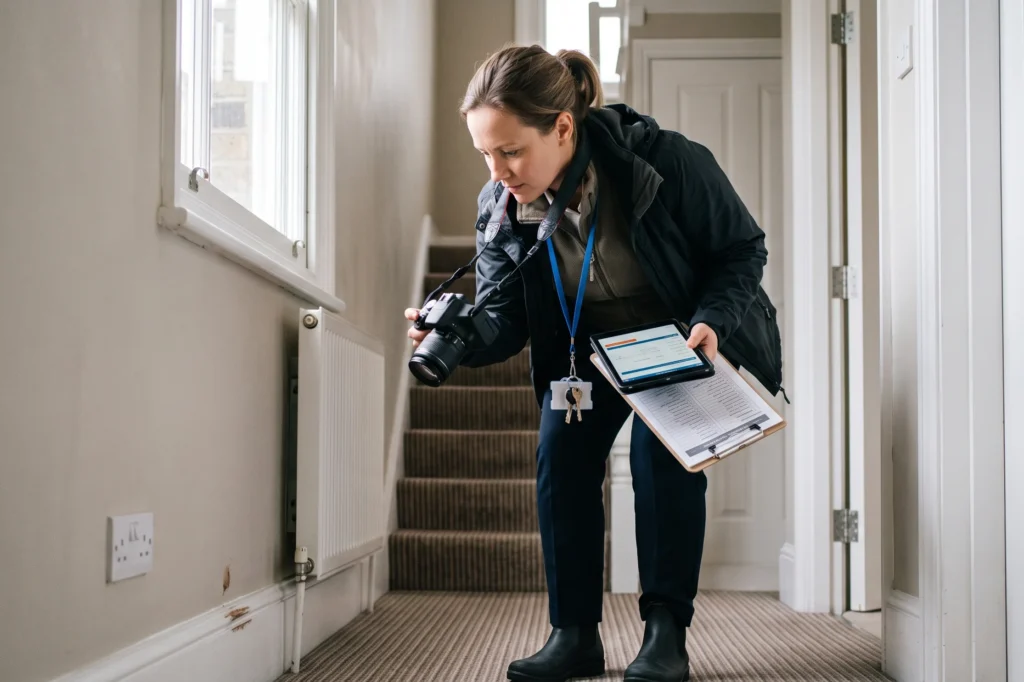 Property manager conducting photographic property condition inspection; Digital tenancy inventory report displayed on tablet device; Letting agent reviewing landlord safety certificates and compliance records, residential property management services, full management package, residential property management services including inventory deposits and inspections