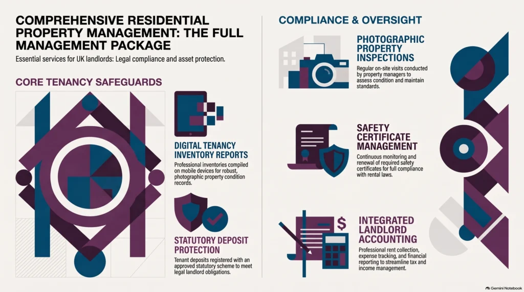 residential property management services, full management package, rental property compliance, landlord legal duties, property inspections, deposit protection schemes, tenancy management, landlord accounting