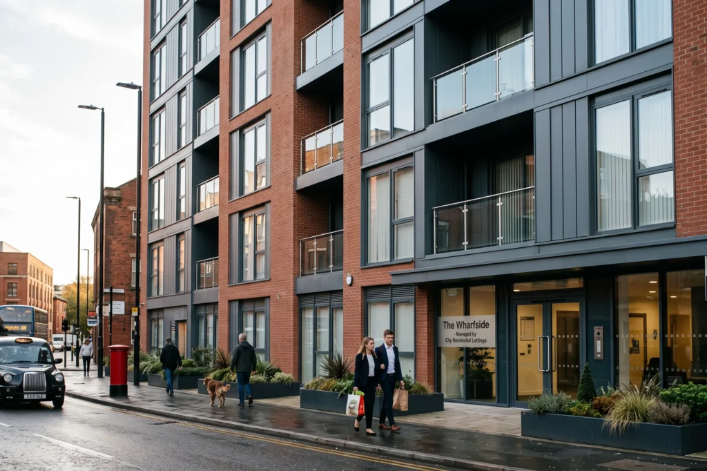 Modern apartment building in Manchester managed by professional letting agents, full property management Manchester, rent collection Manchester, full property management Manchester including maintenance compliance and rent collection