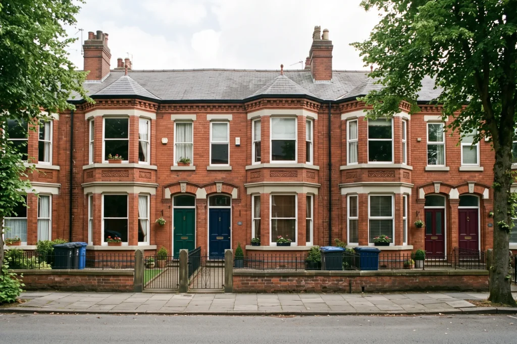 Victorian rental terrace exterior on a tree-lined Didsbury street, South Manchester property management, Didsbury letting agents, landlord compliance Manchester