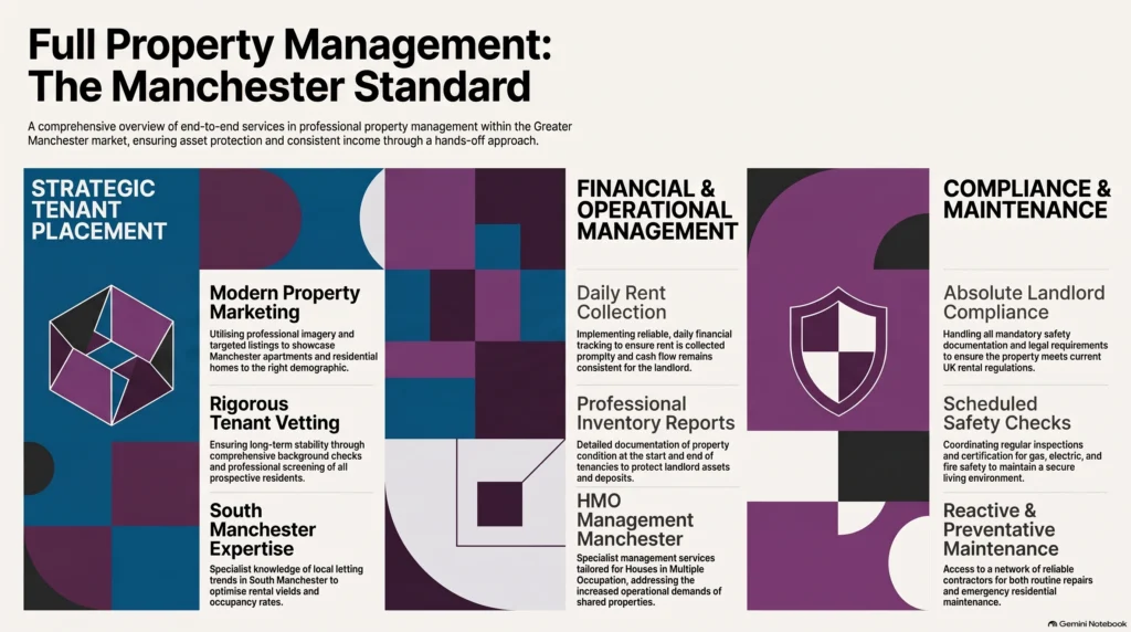 full property management Manchester, rent collection Manchester, Manchester property management, South Manchester lettings, HMO management Manchester, landlord compliance Manchester, property maintenance Manchester